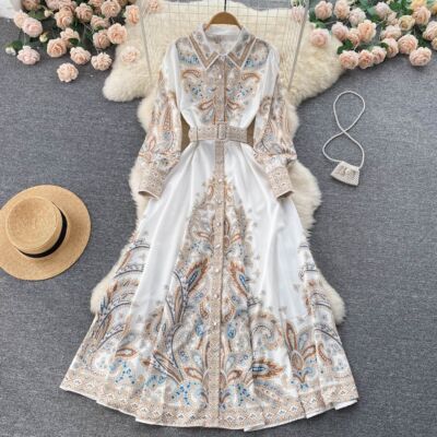 Women's Evening Casual Office Belt Vintage Printed Long Shirt Dresses Sundress | eBay Women's Evening Casual Office Belt Vintage Printed Long Shirt Dresses Sundress | eBay