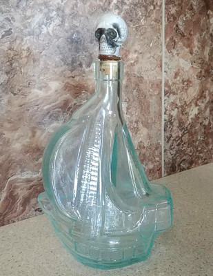 Vintage Glass Sail Boat Ship Shaped Bottle w Skull Stopper MOD DEP ITALY