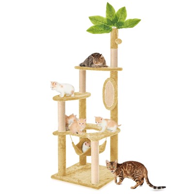 55'' Cat Tree for Indoor Cats with Green Leaves, Multi-Level Large Cat Tower f...
