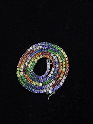 Regenbogen Edelstein Tennis Halskette 25'' Multicolor Saphir Rubin Smaragd Synthetik 