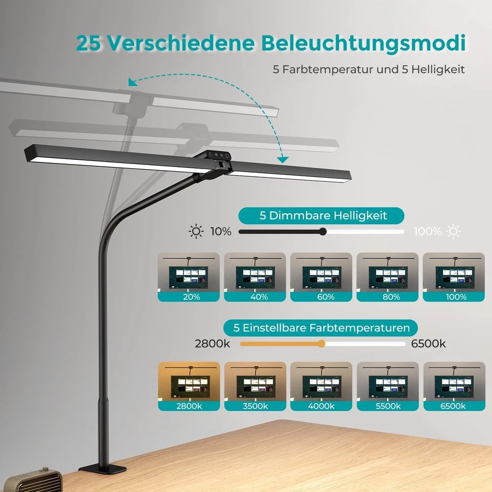 Doppelkopf Schreibtischlampe LED, Dimmbar 24W 80CM Schreibtischlampe für Home... - Bild 3 von 4