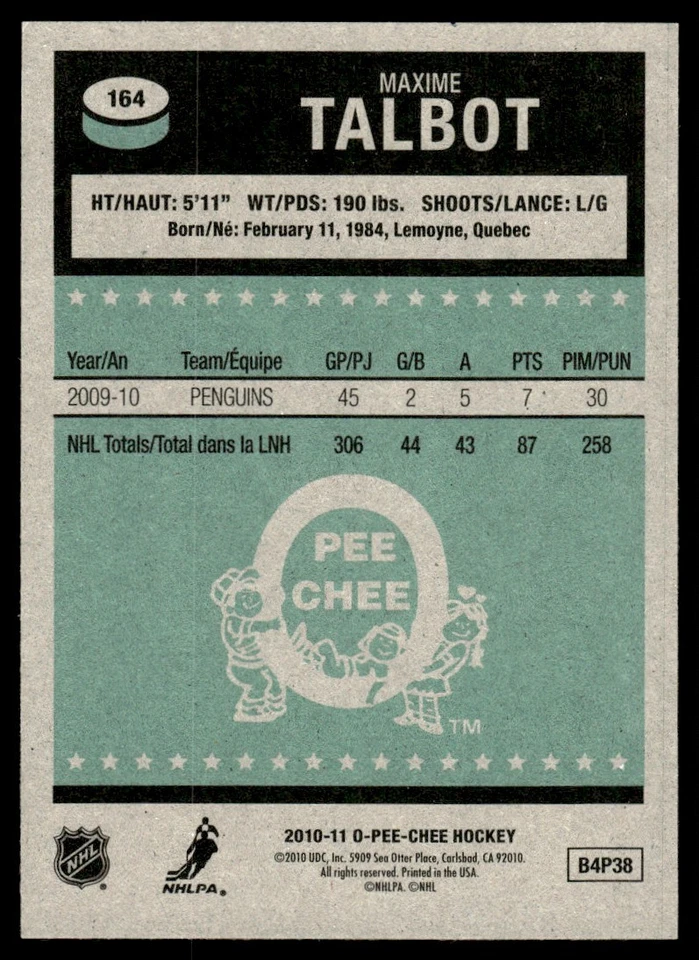 2010-11 O-Pee-Chee Retro Maxime Talbot Pittsburgh Penguins #164 - Image 2 of 2