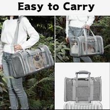 Travel Plus Gray Fabric Cat Carrier Bag Mesh Panels, Shoulder Strap, Cozy Mat