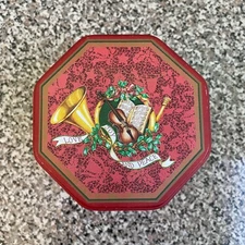 Vintage Christmas Red Octagon Tin Holiday Décor Storage Container
