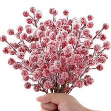 24 Pcs Artificial Christmas Snowy Holly Berry Stems 9" Red Frosted Berries Pi...