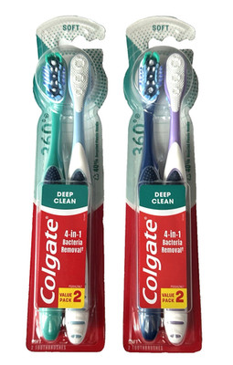 2X 2 PK COLGATE 360 DEEP CLEAN SOFT W/ TONGUE CLEANER DK/LT BLUE GREEN PURPLE
