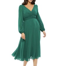 Mac Duggal 67914 V-Neck Long Sleeved Chiffon Cocktail Dress Emerald Green 20W