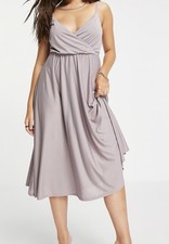 ASOS DESIGN CAMI PLUNGE TIE BACK MIDI DRESS IN ELDERBERRY NEW SIZE US4