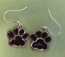 BLACK PAW PRINT EARRINGS - Enamel with Sterling Silver Ear Wires - DOG CAT PET