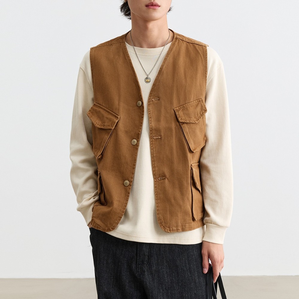 Men Vintage Cargo Vest Button Up Utility Waistcoat Sleeveless Jacket Pockets
