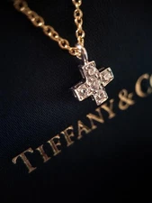 Tiffany Cruciform Diamond Necklace 18K YG & Pt950 AB+ Used 41cm From Japan