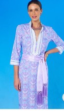 NicoBlu Capri Long Tunic Dress lavender & blue pattern white grosgrain trim Sz16
