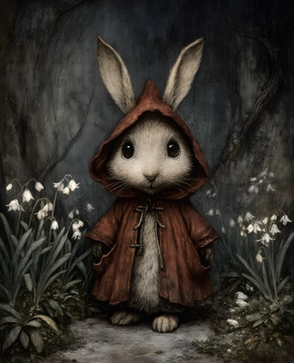 8x10 Cozy Storybook Rabbit Dressed As Red Riding Hood Art Print - 581020992