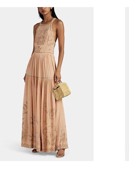 ulla johnson rose gold dress Ulla Johnson | Women's Manet Wedding Guest Gown in with Gathered Seams in Gold Metallic Gold Tiered Gown
