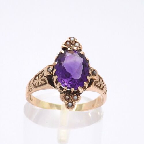 Georgian 10k Rose Gold Amethyst February Birthstone Seed Pearl Navette Ring - Picture 1 of 10