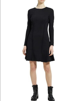 theory skater mini dress THEORY Black & Navy Wool Linen Blue Short Sleeve Mini Pleated Skater Dress  UK8