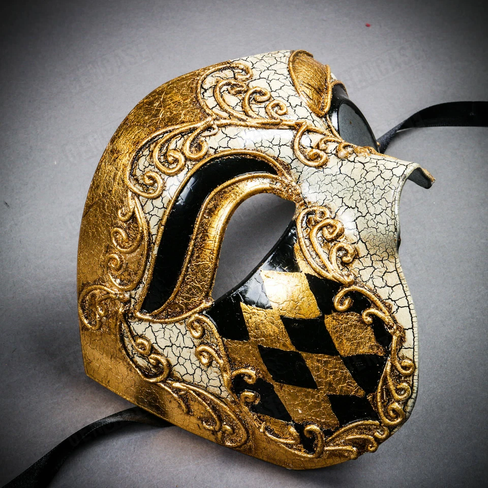 Venetian Phantom GOLD Checker Men Masquerade Ball Party Classic Full Face Mask - Image 3 of 4