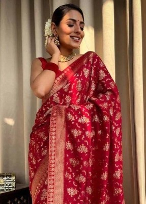 Self Design Kanjivaram Silk Blend Saree, Indian Women Traditional Saree, (Red)