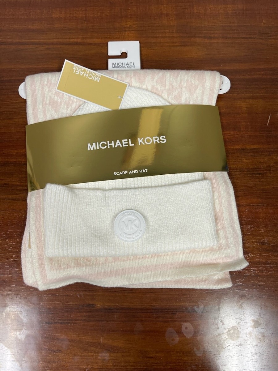 Michael Kors Hat & Scarf Gift Set - Pink and Cream | eBay