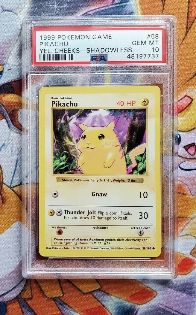 1999 POKEMON BASE SHADOWLESS PIKACHU YELLOW CHEEKS PSA 10 VERY RARE 58/102 HOT!