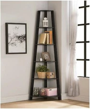 Cappuccino Durable Home Office Bookshelf 5 Ladder Bookcase Corner Wall Shelf