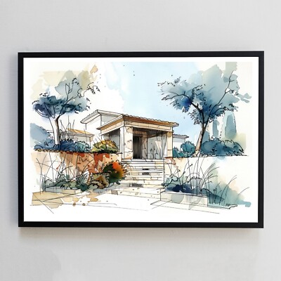 Moderne Hauszeichnung Aquarell Gemälde Illustration 7x5 Wanddeko Kunstdruck