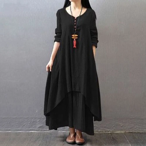 Womens Boho Cotton Linen Dress Long Sleeve Dress Sundress Maxi Dress Casual New - Picture 17 of 23