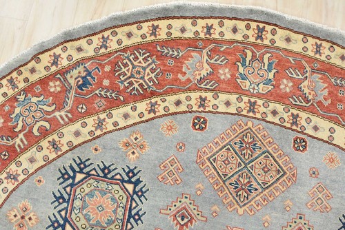 Kazak Rug 9'1'' x 9' Round Blue Wool Tribal Hand-Knotted Oriental Carpet - Picture 8 of 15