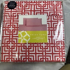 Trina Turk 6 Piece Mazen Full Sheet Set Coral & White Geometric Design NEW