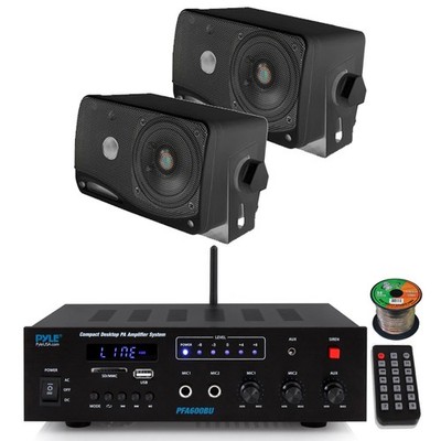 Pyle PFA600BU Bluetooth/FM/PA Amplifier Receiver, 2x 3.5'' 200W Black Speakers