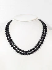 Retro Black Glass Faceted Bead Double Strand Necklace Classic Elegant 20 in