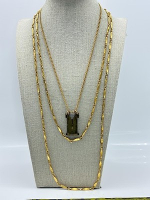 Gold Tone Chain Necklace Lot of 2 Rectangle Tool Pendant and Long Chain