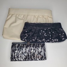Lot Of 3 Purses Black Sequin Lace And Cream Faux Leather