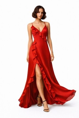 LUX XEL Red Maxi Dress M Ruffle Slit Strappy Back Evening Prom Wedding Guest...