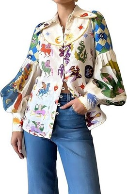 Celestial theme Ballon Sleeve Shirt Blouse Frog buttons sz SML poly