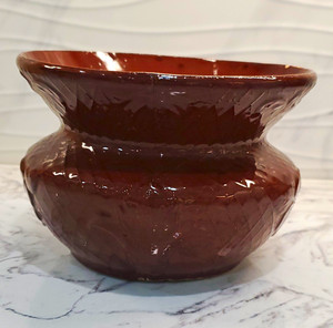 Vintage Brown Glossy Glazed Ceramic Spittoon With Floral Embossed Design