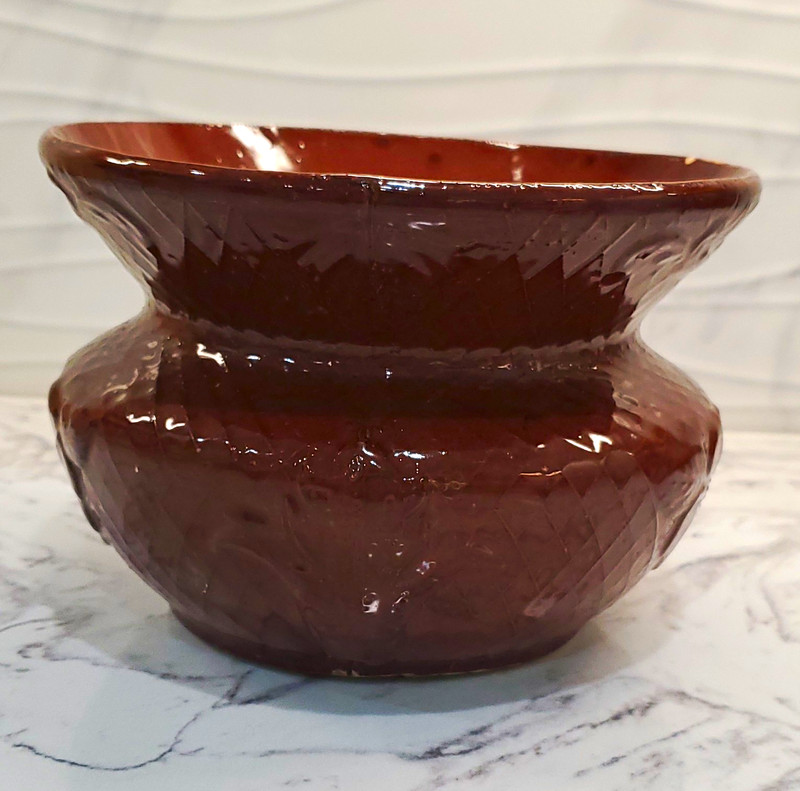 Vintage Brown Glossy Glazed Ceramic Spittoon With Floral Embossed Design