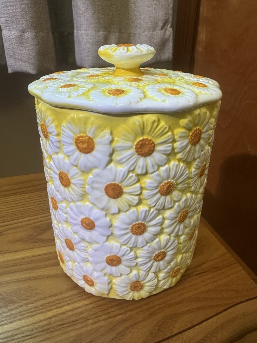 Brinns Crazy Daisy Vintage Cookie Jar Canister Yellow 60s Mod