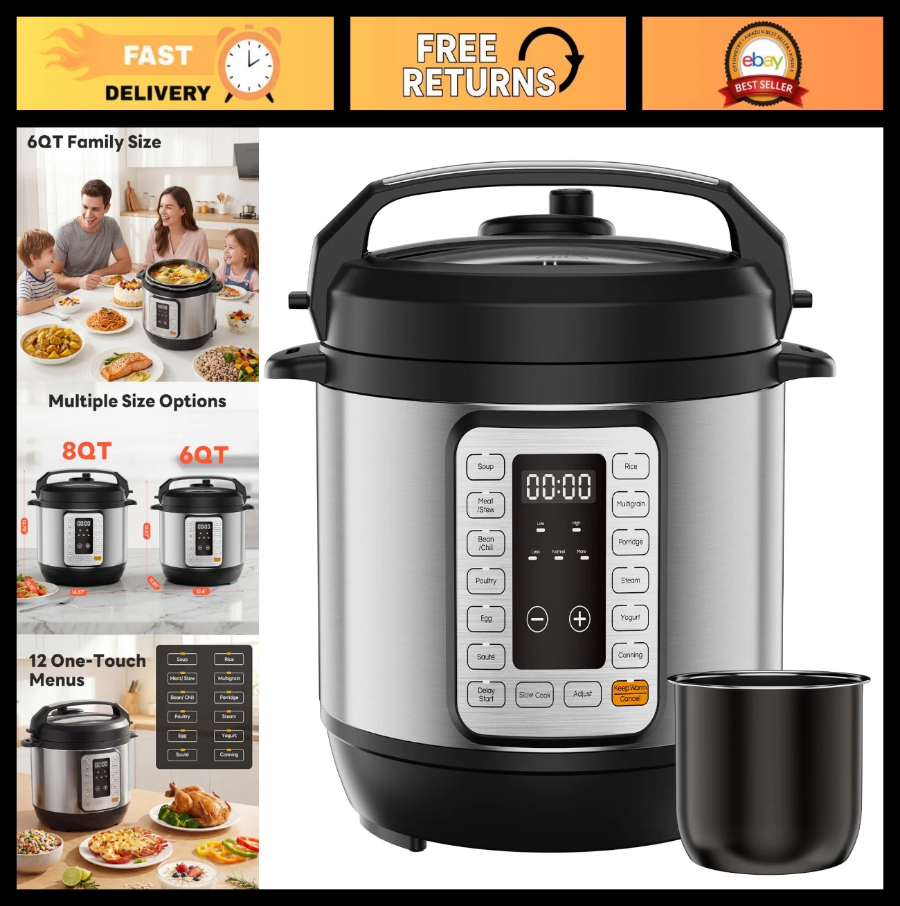16-in-1 Electric Pressure Cooker 6QT Multi-Cooker, 12 Presets, Ceramic Pot, Reci