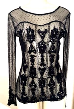 Guess Sheer Beaded Pearl Rhinestones Blk Stretch Mesh Shirt Sm See Details xb72