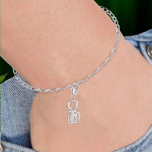 Charm Anhänger Silber Katze mit Zirkonia 925 Sterling Armband Karabiner Kater - Bild 2 von 3