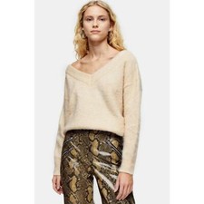 Topshop Oat Knitted Brushed Bardot V-Neck Sweater NWT US Size 0/2 UK Size XS