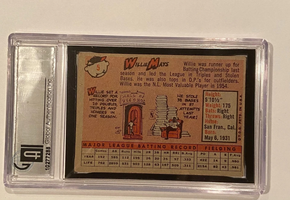 1958 Topps - Willie Mays #5 GIANTS HOF GAI - Autenticación global 4,5 - En muy buen estado/excelente+ Foto 3 de 4