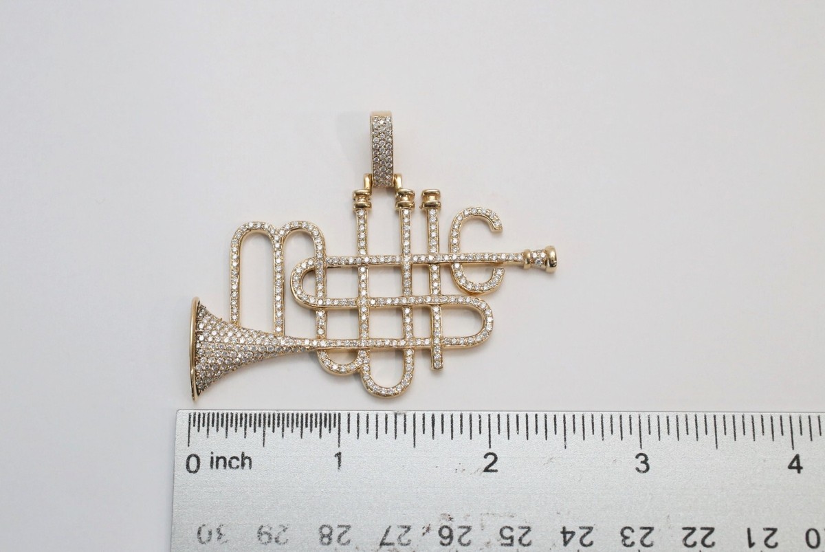 10k Yellow Gold Diamond Trumpet "MUSIC" Pendant, Made By Avianne, 22.0g View 3