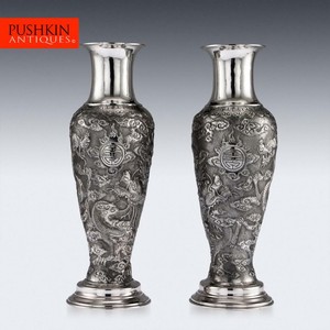 ANTIQUE 19thC CHINESE EXPORT SOLID SILVER PAIR OF VASES, TUCK CHANG c.1880