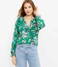 New LOFT S Top Green Floral Ruffle Bouquet Tie Neck Blouse Gingham Print NWT