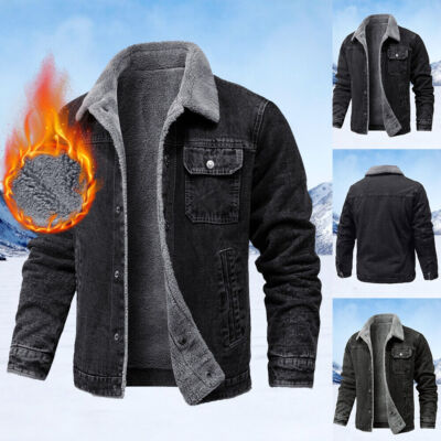 Winter Men Fleece Fur Lined Denim Jacket Biker Bomber Coat Warm Slim Outwear