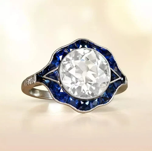 Art Deco Style Lab Created Diamond & Sapphire Engagement Ring 14K White Gold FN