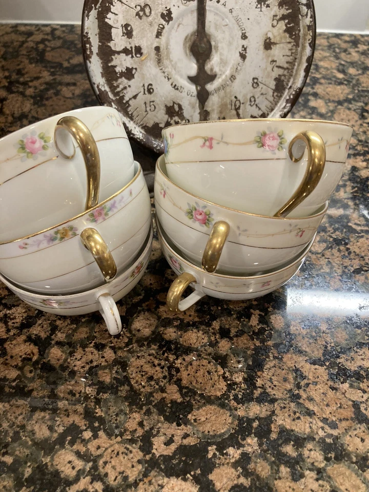 Antiguo juego de 6 tazas de té Noritake & Nippon Japón flor azul y rosa Marguerite N Foto 2 de 4