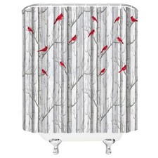 Tree Bird Shower Curtain Gray White Birch Tree Forest Red Bird Rustic Fall Na...